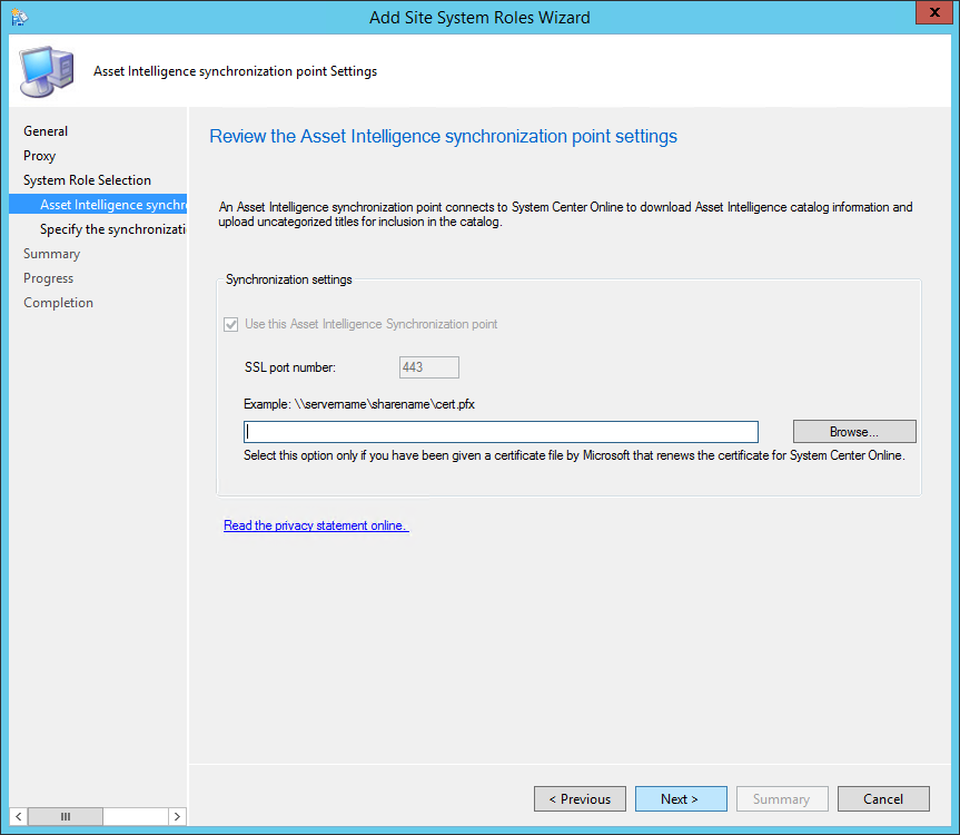 sccm 2012 install asset intelligence synchronization point