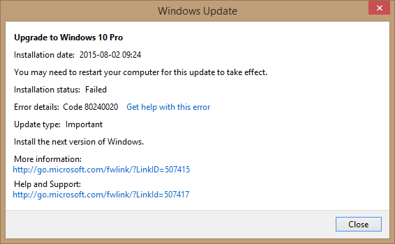 Windows 10 error code 80240020