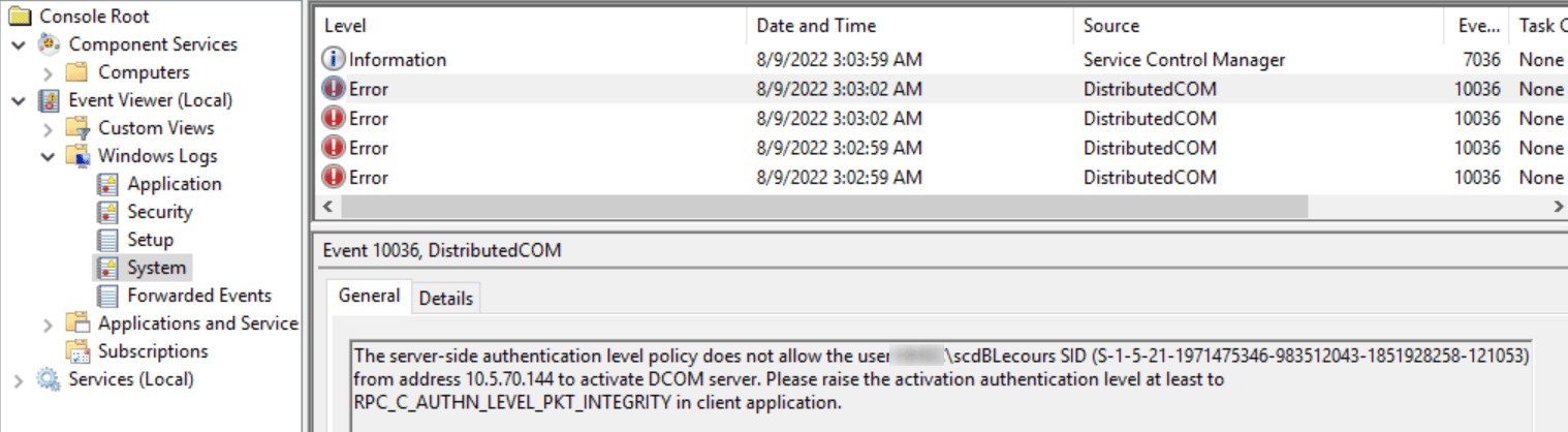 The server-side authentication level policy does not allow the user from address to activate DCOM server. Please raise the activation authentication level at least to RPC_C_AUTHN_LEVEL_PKT_INTEGRITY in client application.